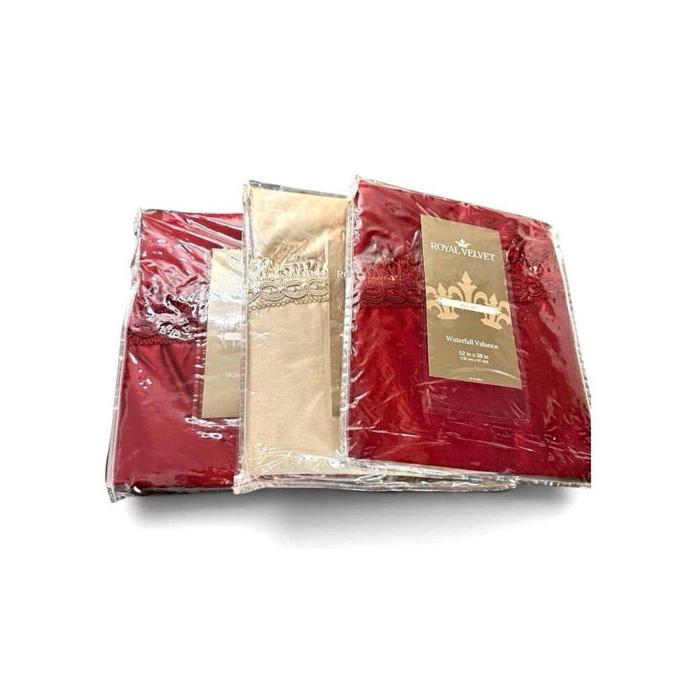 Three (3) Royal Velvet Encore Waterfall Valances 2 Red 1 Gold Fringe Beads 52"x3